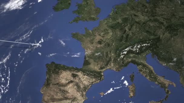 Avião voando para Geneve, Suíça no mapa. Animação 3D de introdução — Vídeo de Stock