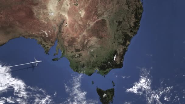 Vliegtuig vliegen naar Canberra, Australië vanuit het westen. 3D-animatie — Stockvideo