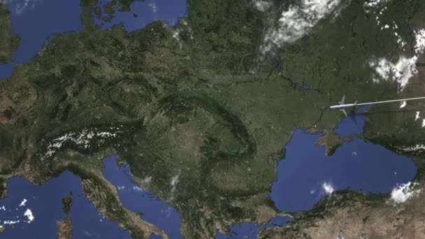 Samolot latający do Bratysławy, Słowacja ze Wschodu. animacja 3D — Wideo stockowe