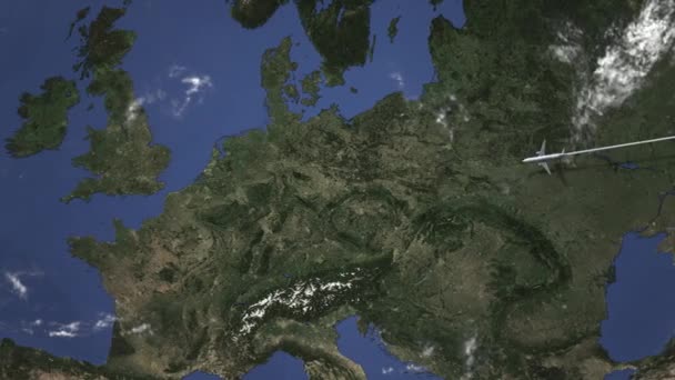 Avião voando para Dusseldorf, Alemanha no mapa. Animação 3D de introdução — Vídeo de Stock