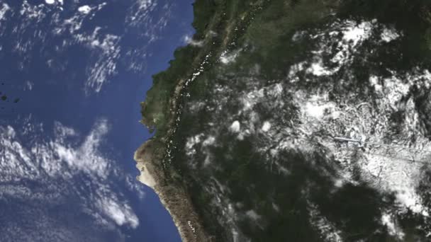 Πορεία ενός εμπορικού αεροπλάνου που πετάει προς γκουακουγκουάν, Ισημερινός στο χάρτη. Εισαγωγή 3D κινουμένων σχεδίων — Αρχείο Βίντεο