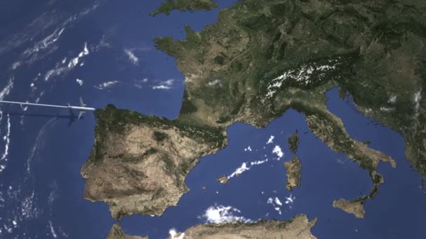 Авиалайнер летит в Ниццу, Франция с запада. 3D анимация — стоковое видео
