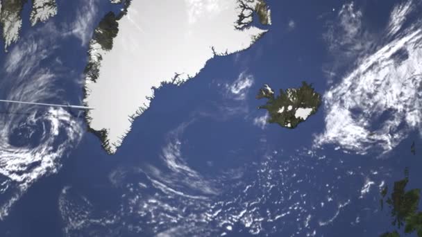 Vliegtuig vliegen naar Reykjavik, IJsland vanuit het westen. 3D-animatie — Stockvideo