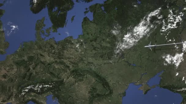 Avião comercial voando para Poznan, Polônia. Animação 3D de introdução — Vídeo de Stock