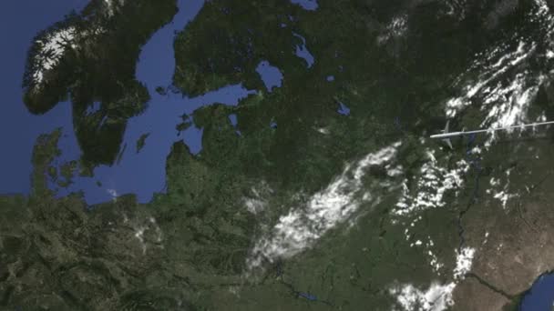 Rota de um avião comercial voando para Riga, Letônia no mapa. Animação 3D de introdução — Vídeo de Stock