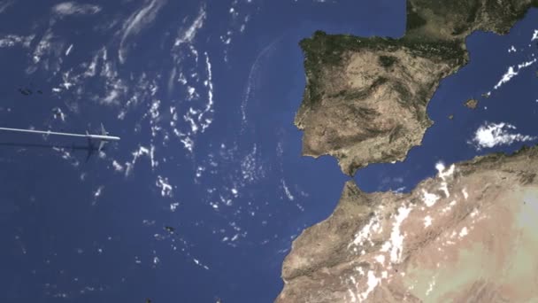 飞机飞往塞维利亚，西班牙地图上。简介 3D 动画 — 图库视频影像