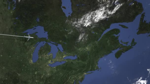 Kommersiella planet anländer till Quebec City, Kanada, intro 3D animation — Stockvideo