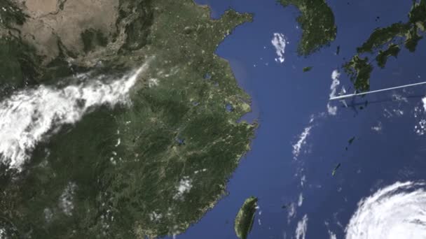 Rota de um avião comercial voando para Wuhan, China no mapa. Animação 3D de introdução — Vídeo de Stock