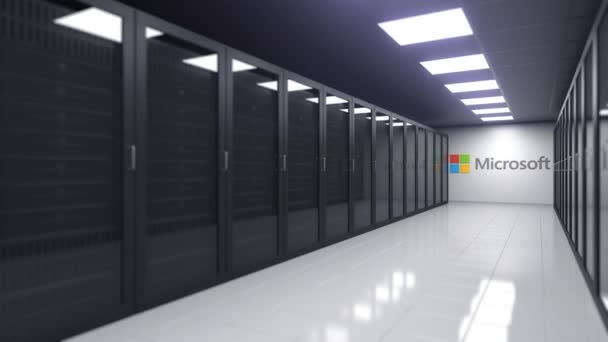 MICROSOFT logo in the server room, editorial 3D animation — Stock Video