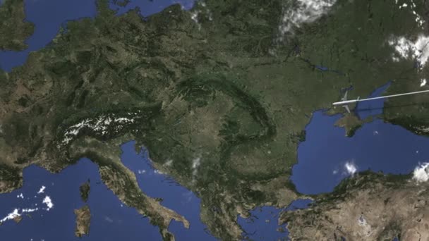 Avión volando a Graz, Austria desde el este. Intro animación 3D — Vídeos de Stock