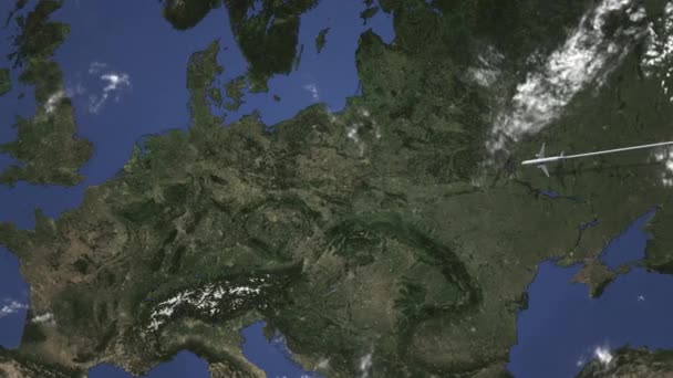 Ruta de un avión comercial que vuela a Leipzig, Alemania en el mapa. Intro animación 3D — Vídeo de stock