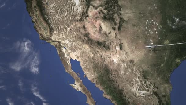 Vliegtuig vliegen naar Mexicali, Mexico uit het Oosten. Intro 3D-animatie — Stockvideo