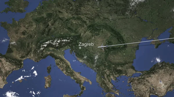 Avión que vuela a Zagreb, Croacia en el mapa. Renderizado 3D — Foto de Stock