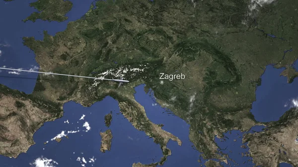 Ruta de un avión comercial que vuela a Zagreb, Croacia en el mapa. Renderizado 3D — Foto de Stock