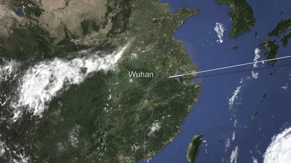 Cesta k obchodní rovině plující do Wuhan, do Číny na mapě. prostorové vykreslování — Stock fotografie