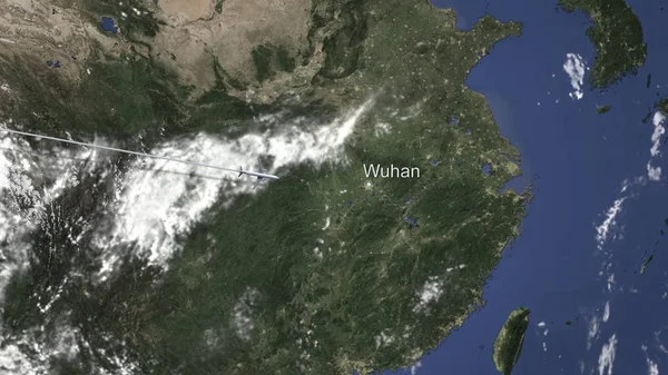 Letecká loď létá do Wuhan, Číny ze západu. prostorové vykreslování — Stock fotografie