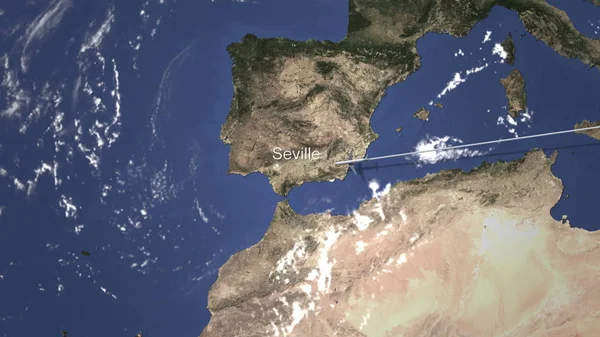 Avião voando para Sevilha, Espanha a partir de leste. Renderização 3D — Fotografia de Stock