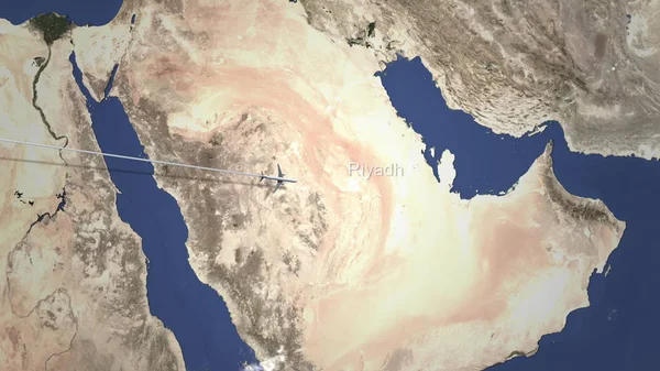 Avião chegando a Riade, Arábia Saudita a partir de oeste, renderização 3D — Fotografia de Stock