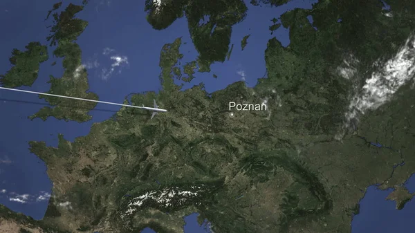 Avión que vuela a Poznan, Polonia desde el oeste. Renderizado 3D — Foto de Stock