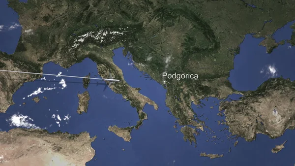 Ruta de un avión comercial que vuela a Podgorica, Montenegro en el mapa. Renderizado 3D — Foto de Stock