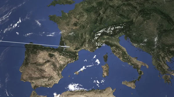 西からフランスのニースに飛ぶ旅客機。3D レンダリング — ストック写真