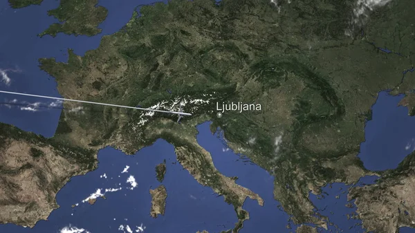 Avión que vuela a Liubliana, Eslovenia en el mapa. Renderizado 3D — Foto de Stock
