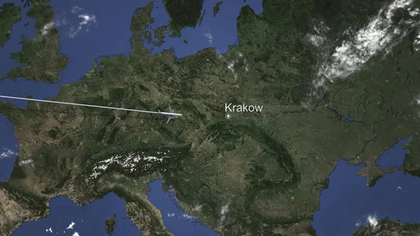 Avião chegando a Cracóvia, Polônia a partir de oeste, renderização 3D — Fotografia de Stock