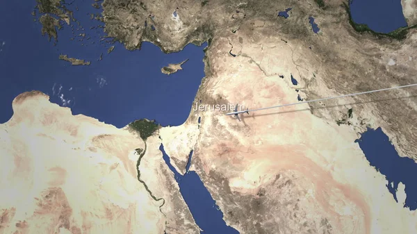 Rota de um avião comercial voando para Jerusalém, Israel no mapa. Renderização 3D — Fotografia de Stock