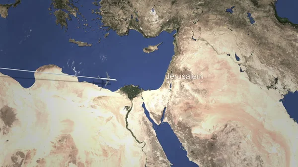 Avião voando para Jerusalém, Israel a partir de oeste. Renderização 3D — Fotografia de Stock