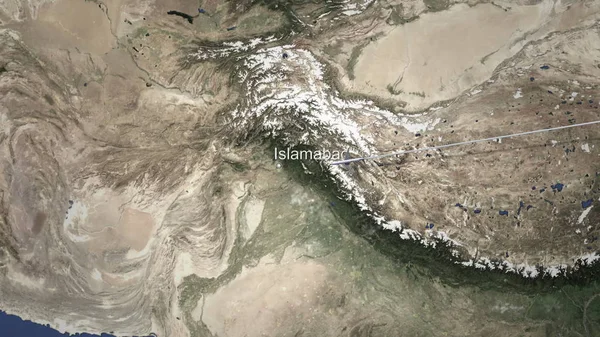 Ruta de un avión comercial que vuela a Islamabad, Pakistán en el mapa. Renderizado 3D — Foto de Stock