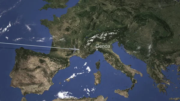 Ruta de un avión comercial que vuela a Génova, Italia en el mapa. Renderizado 3D — Foto de Stock