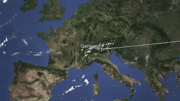 Avião voando para Geneve, Suíça a partir de leste. Renderização 3D — Fotografia de Stock