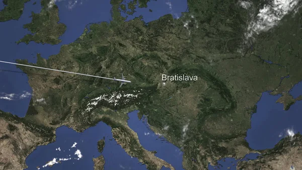 Ruta de un avión comercial que vuela a Bratislava, Eslovaquia en el mapa. Renderizado 3D — Foto de Stock