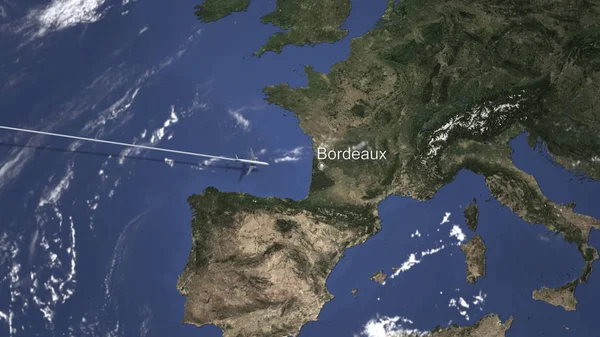Avión comercial que vuela a Burdeos, Francia. Renderizado 3D — Foto de Stock