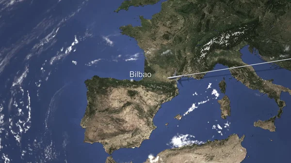 Avião comercial voando para Bilbau, Espanha. Renderização 3D — Fotografia de Stock
