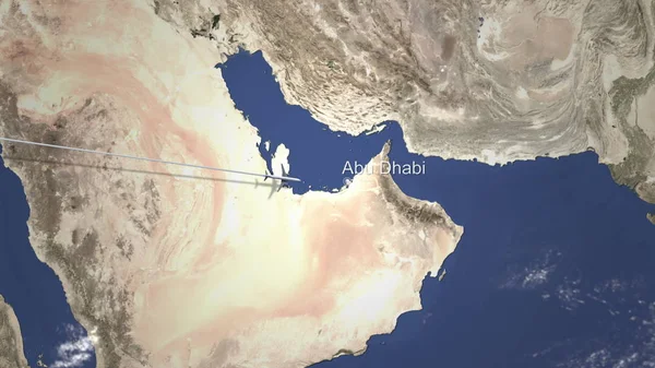Avião voando para Abu Dhabi, Emirados Árabes Unidos a partir de oeste. Renderização 3D — Fotografia de Stock