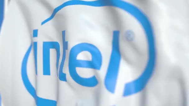 Bandera ondeando con el logotipo de Intel Corporation, primer plano. Animación en 3D loopable editorial — Vídeos de Stock