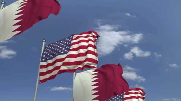 Rząd falujących flag Kataru i USA, pętla animacji 3D — Wideo stockowe