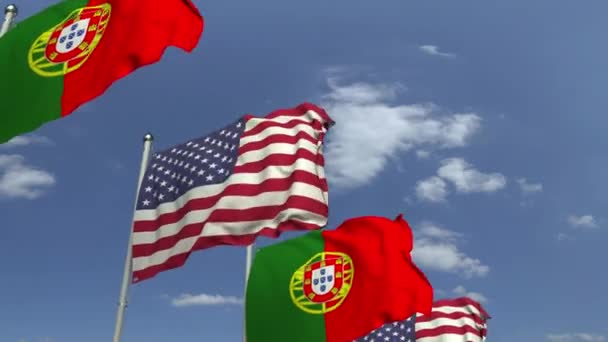 Muitas bandeiras de Portugal e dos EUA, animação 3D loopable — Vídeo de Stock