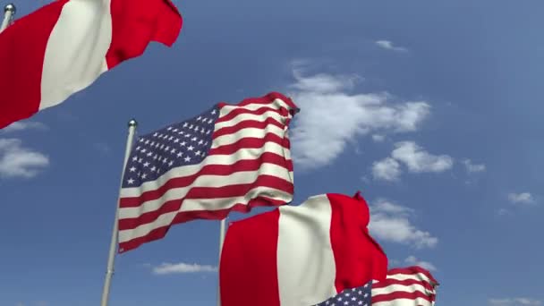 Muchas banderas de Perú y Estados Unidos, animación 3D loopable — Vídeo de stock