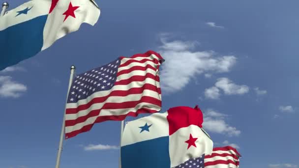 Reihe schwenkender Fahnen Panamas und der USA, 3D-Animation — Stockvideo