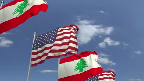 Mávající vlajky Libanonu a USA na nebeském pozadí, smyklihodné 3D animace — Stock video