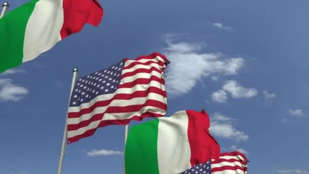 Vlaggen van Italië en de VS op internationale vergadering, loop bare 3D-animatie — Stockvideo