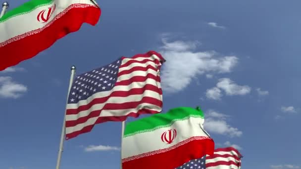 Drapeaux de l'Iran et des États-Unis sur fond de ciel, animation 3D bouclable — Video