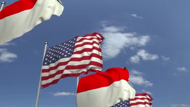 Flaggor i Indonesien och USA mot Blue Sky, loopable 3D animation — Stockvideo