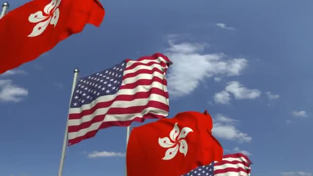 Reihe schwenkender Flaggen von Hongkong und den USA, 3D-Animation — Stockvideo