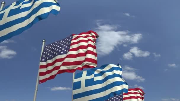 Wiele flag Grecji i USA, pętla animacji 3D — Wideo stockowe