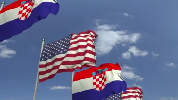 Row of waving flags of Croatia and the USA, loopable 3D animation — Stock Video