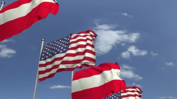 空の背景にオーストリアとアメリカの旗を振る、ループ可能な3Dアニメーション — ストック動画