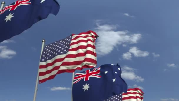 Flaggen Australiens und der USA bei internationalen Treffen, 3D-Animation — Stockvideo